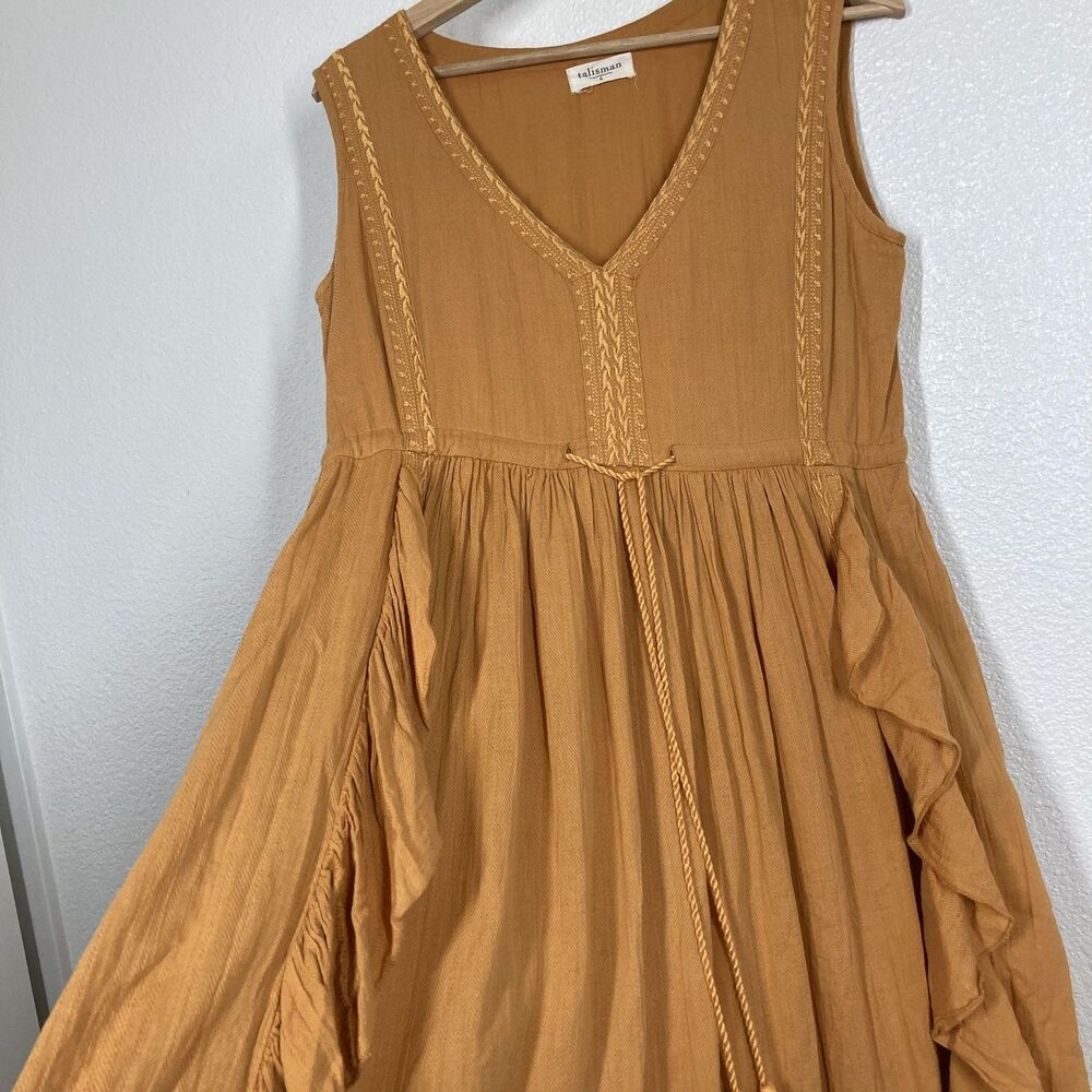 Talisman Sun Dress Small Mustard Yellow Boho Maxi Sleeveless Ruffle Tassel - Picture 8 of 16
